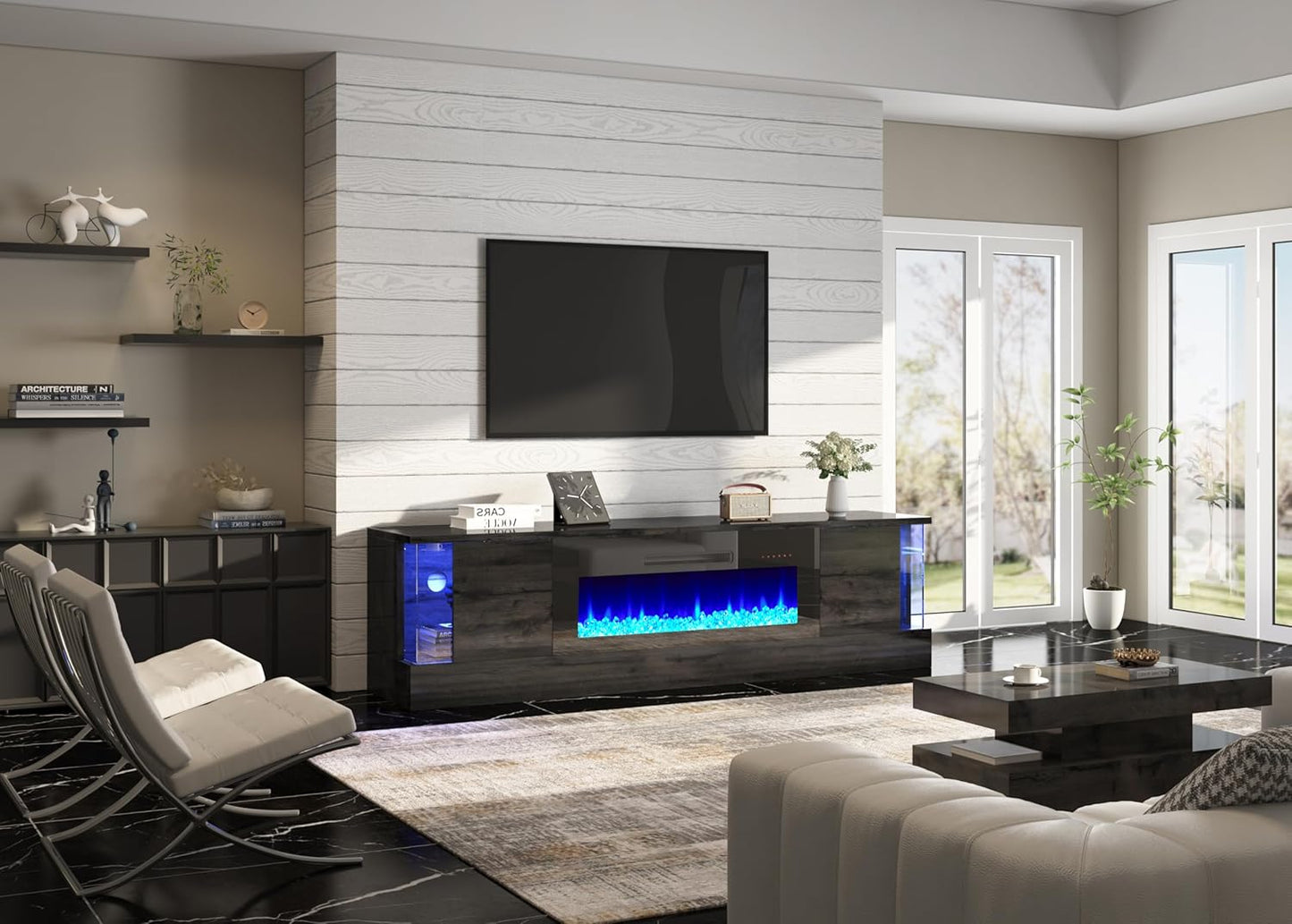 70" Glossy Oak Fireplace TV Stand with 36" Fireplace for Tvs up to 80", LED Lights Entertainment Center with Flip Doors & Corner Glass, Modern TV Console Table, Living Room, Black