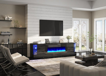 70" Glossy Oak Fireplace TV Stand with 36" Fireplace for Tvs up to 80", LED Lights Entertainment Center with Flip Doors & Corner Glass, Modern TV Console Table, Living Room, Black