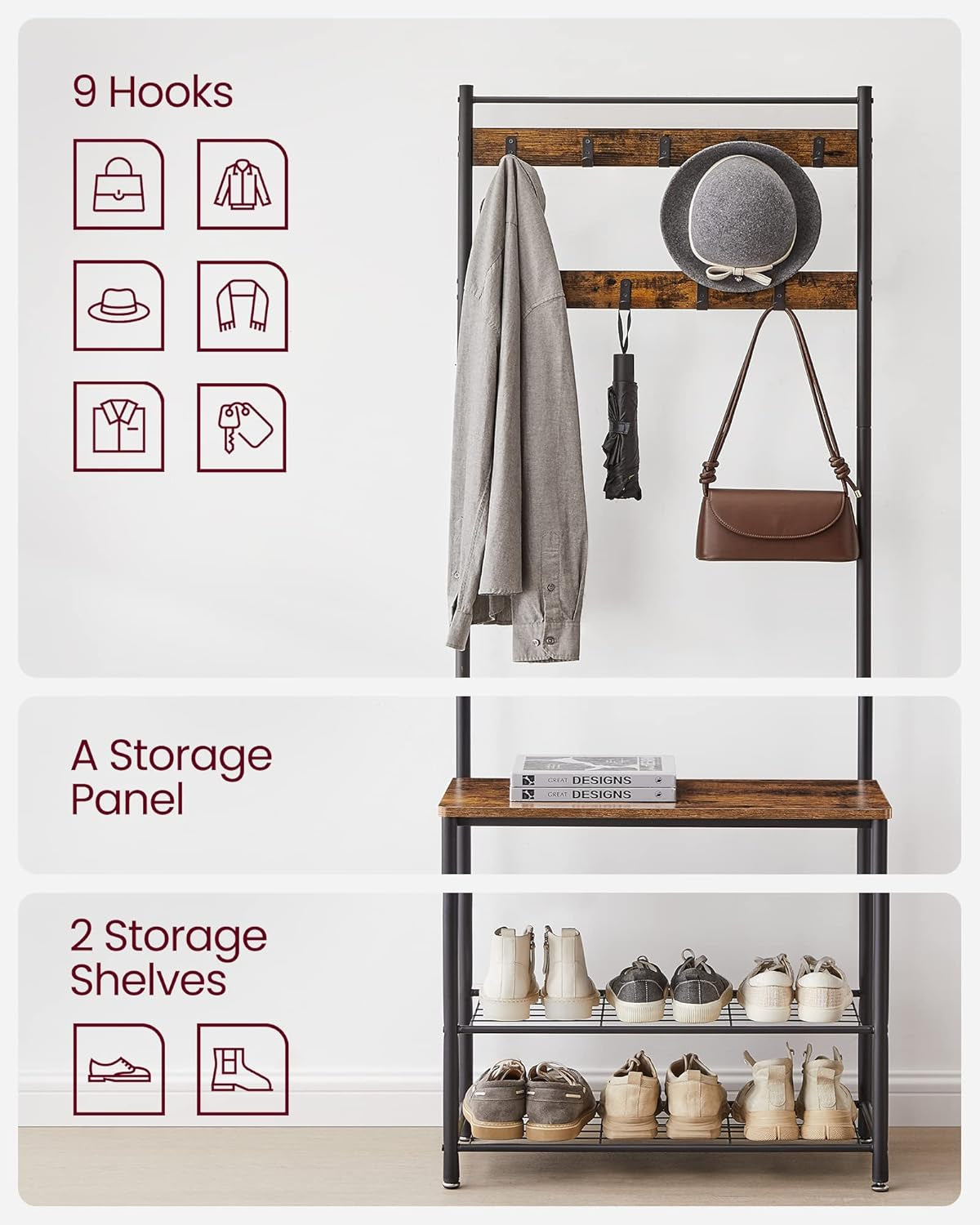 Coat Rack, Hall Tree with Shoe Storage Bench, Entryway Bench with Shoe Storage, 3-In-1, Steel Frame, for Entryway, 12.6 X 27.6 X 68.9 Inches, Industrial, Rustic Brown and Black UHSR41BX