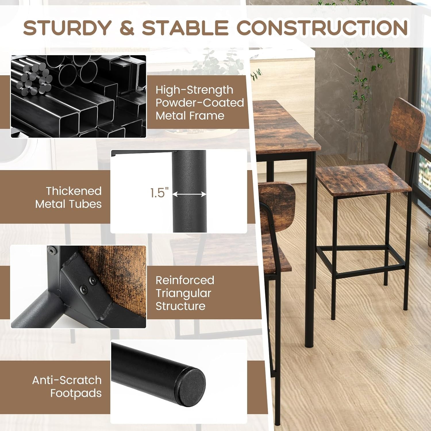 5-Piece Dining Table Set W/Counter Height Table & 4 Bar Stools, Industrial Kitchen Dining Set W/Footrest & Backrest, Space-Saving Dinette Set for Pub, Dining Room, Restaurant (Mix Brown)