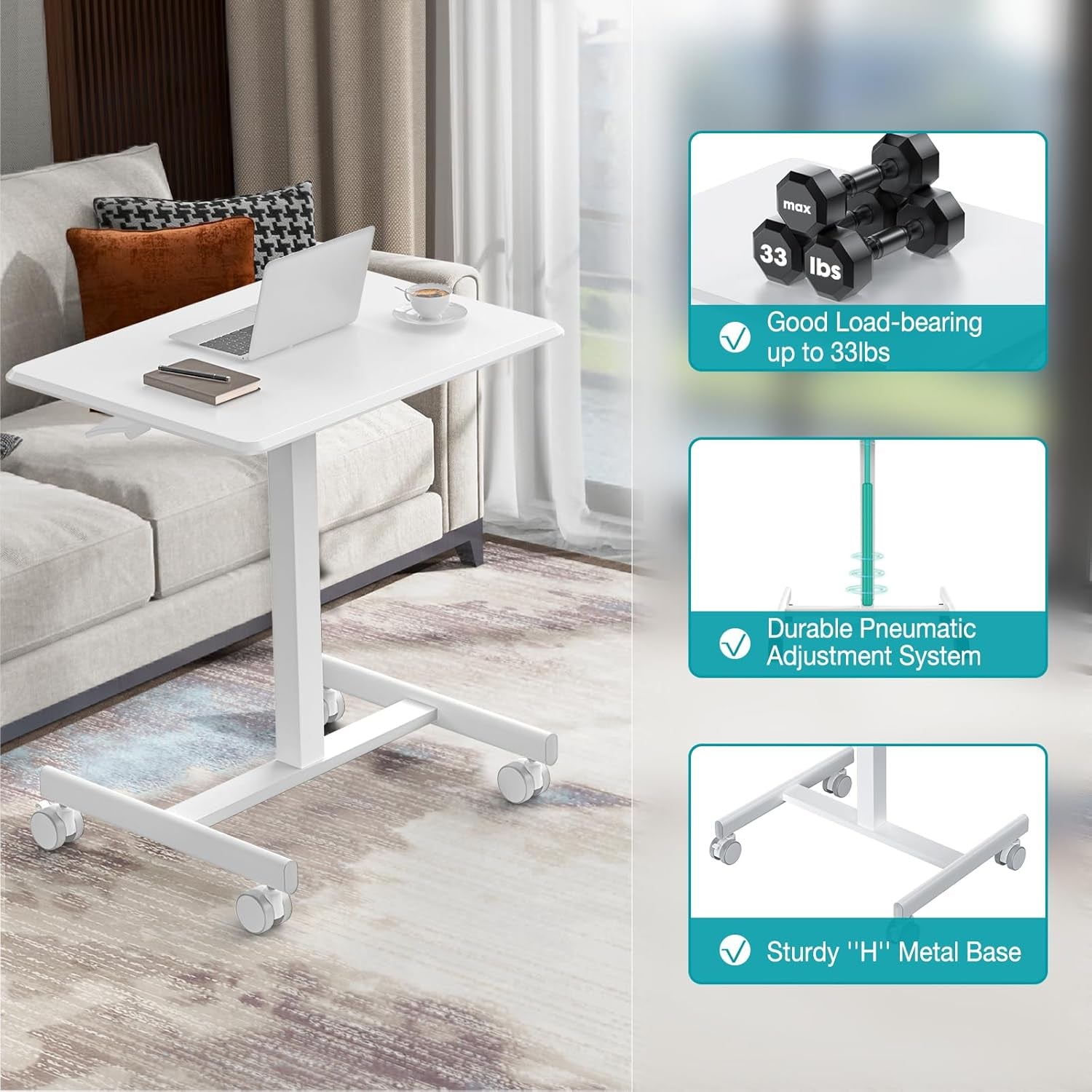 Small Standing Desk Mobile Portable Rolling Laptop PC Table on Wheels Adjustable Height Computer Workstation for Home Office, 19 Inch, Modern White