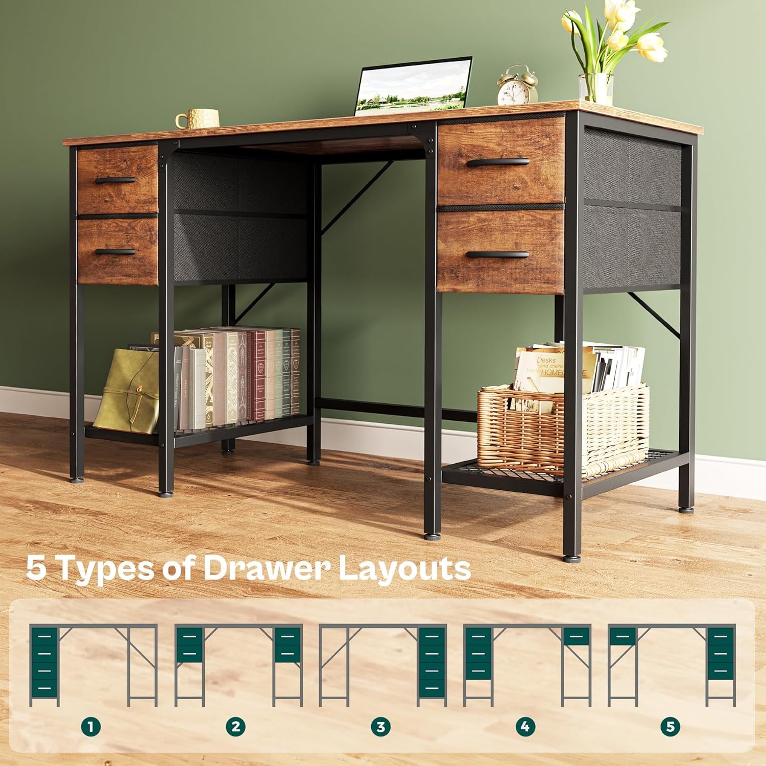 47 Inch Computer Desk with 4 Drawers, Office Desk with Mesh Shelf, Gaming Desk, Large Storage, Writing Work Desk for Home Office, Study, Bedroom, Work from Home, Rustic Brown