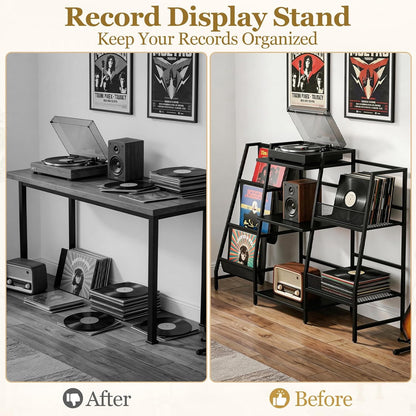 Record Player Stand with LED Lights, Record Player Table with Large Capacity Storage Holds up to 300 Albums, Vinyl Records Stands for Living Room, Turntable Stand Shelf for Albums, Black