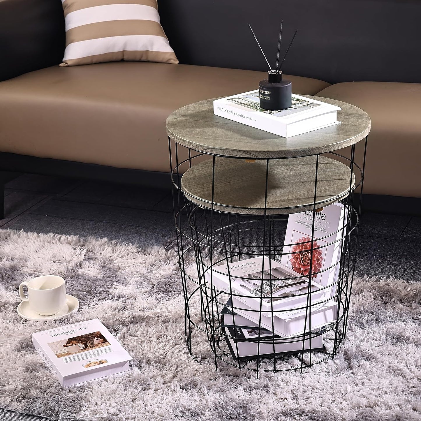 Nesting Table End Table Wire Basket Base with Wood Tops Side Table Set of 2, Gray