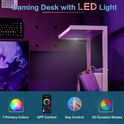 33.7" Computer Desk with Power Outlets, LED Lights & 2 Drawers, Small Office Desk with Storage Bag & Hooks, Gaming Desk for Bedrooms or Home Office, Compact Study Desk for Small Spaces，White