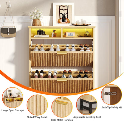Fluted Shoe Storage Cabinet with 2 Flip Drawers, 31.5" Narrow Shoe Organizer Cabinet with LED Light, Slim Freestanding Shoe Rack Cabinet, Wooden Hidden Shoe Cabinet for Entryway, Hallway(Natural Oak)