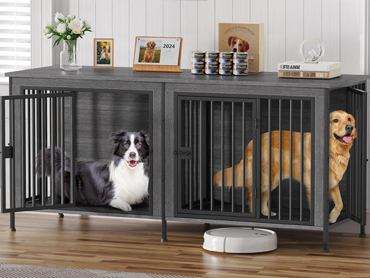 Dog Crate Furniture for 1 or 2 Dogs, Heavy Duty Single/Double Dog Crates for Small/Medium/Large Dogs, Dog Kennel Furniture Indoor as TV Stand, Large Size 78.74" L(35-60 Pounds), Dark Grey