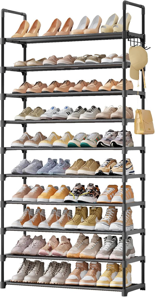Shoe Rack for Closet - 10-Tier Shoe Organizer with Hook Rack, Large-Capacity & Space-Saving Shoe Shelf for Entryway, Bedroom, Living Room,32.2" X 11.8" X 68.5", Black