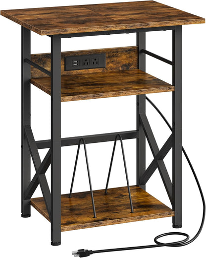 Record Player Stand with Power Outlet, Vinyl Record Storage Side Table, 19" Large Tabletop, Charging Station & Crossed Frame Design for Turntable, Rustic Brown and Black TBZ48UBF