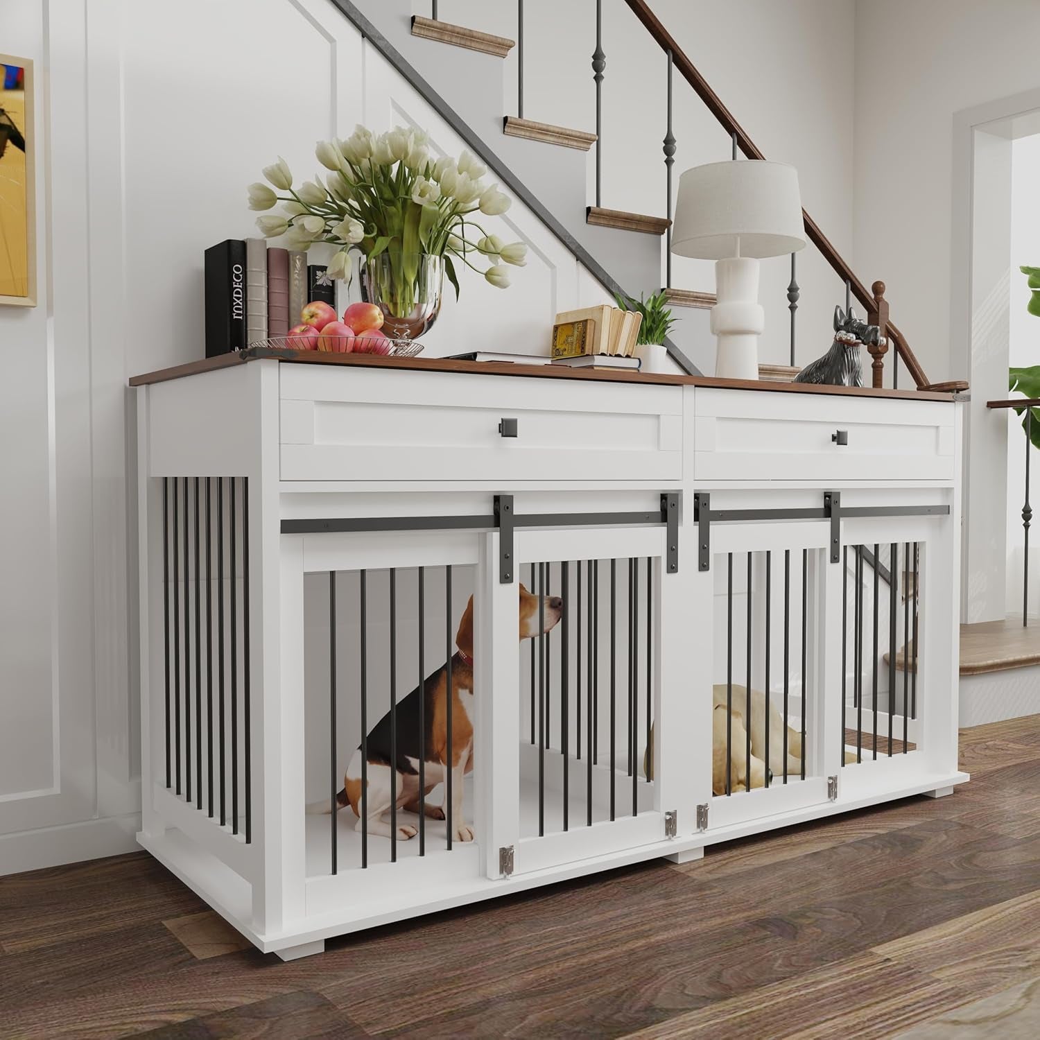 Large Dog Crate Furniture for 2 Large Medium Dogs,63 Inch Wooden Dog Kennel with 2 Drawers & Removable Divider,Sliding Door, Farmhouse Style Indoor Dog Cage Cabinet TV Stand Table,White