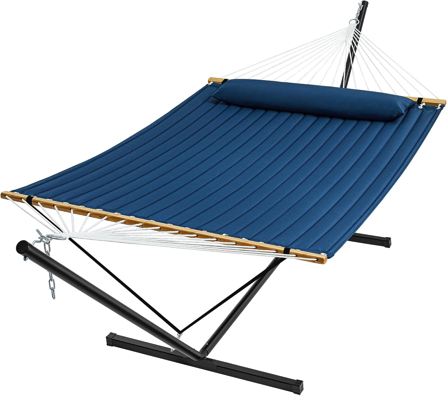 Hammock with Stand, 2 Person Quilted Outdoor Hammock, Detachable Pillow & Bamboo Spreaders, Portable Hammock with Carrying Bag, Heavy Duty Stand, Perfect for Outside, Patio, Navy Blue