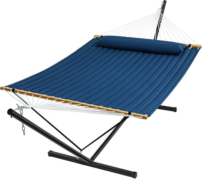 Hammock with Stand, 2 Person Quilted Outdoor Hammock, Detachable Pillow & Bamboo Spreaders, Portable Hammock with Carrying Bag, Heavy Duty Stand, Perfect for Outside, Patio, Navy Blue