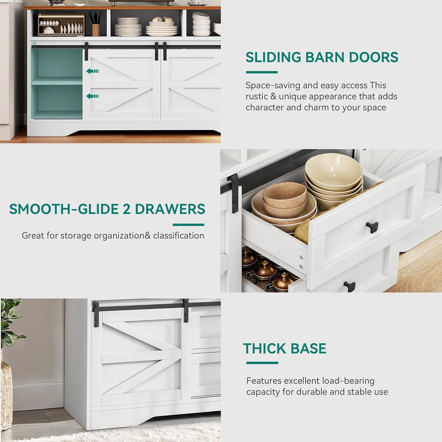 Buffet Cabinet with Drawers, 59" Large Sideboard Buffet Storage Cabinet with Shelves and Doors, Modern Farmhouse Coffee Bar Station Wood Kitchen Table for Kitchen, Dining Room, White