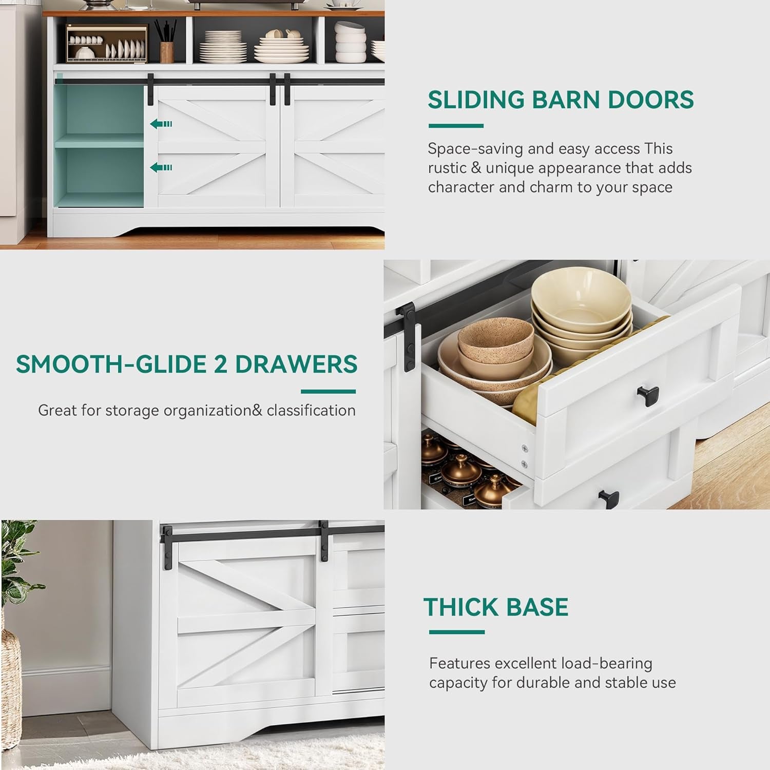 Buffet Cabinet with Drawers, 59" Large Sideboard Buffet Storage Cabinet with Shelves and Doors, Modern Farmhouse Coffee Bar Station Wood Kitchen Table for Kitchen, Dining Room, White