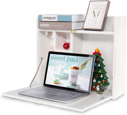 Wall Mounted Table, Multifunctional Fold down Wall Mounted Laptop Computer Desk with Storage Compartments for Home, Office, White