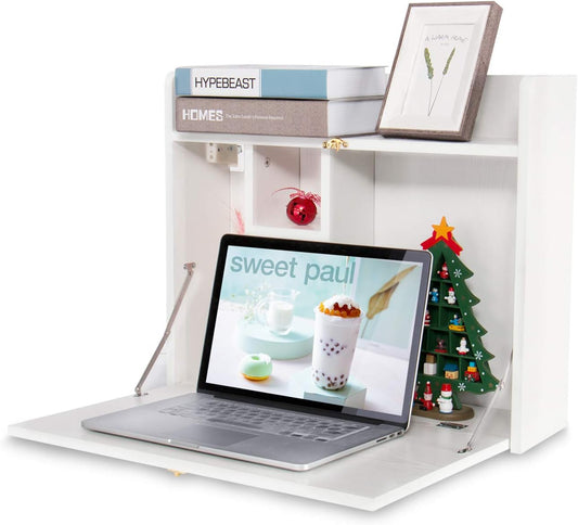 Wall Mounted Table, Multifunctional Fold down Wall Mounted Laptop Computer Desk with Storage Compartments for Home, Office, White