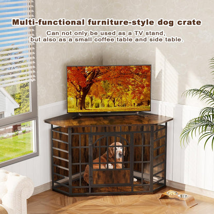 Corner Dog Crate Furniture, 52 Inch Large Dog Kennel Indoor Wooden End Table, Modern Dog Cage Decorative Pet House TV Stand for Medium Large Dogs,Grey
