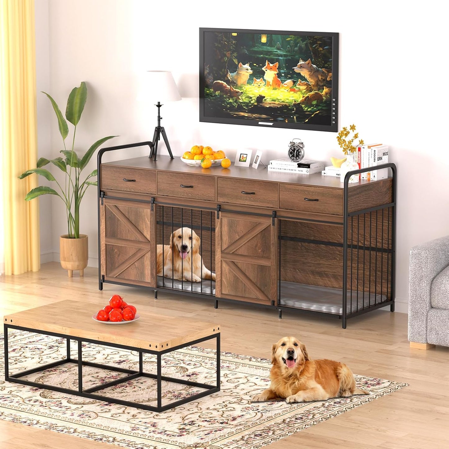 78.7 Inch Large Dog Crate Furniture for 2 Dogs Extra Large Dog Kennel Heavy Duty Wood Dog Crate Double Dog Crates Furniture TV Stand (Black)