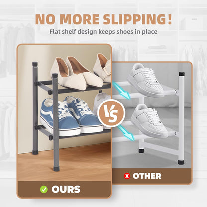 Expandable Shoe Rack, 8 Pairs Stackable Small Shoe Rack, Metal Adjustable Shoes Organizer for Closet, Entryway, Hallway, Garage, Front Door, Shoes Shelves, Black 2 Tier