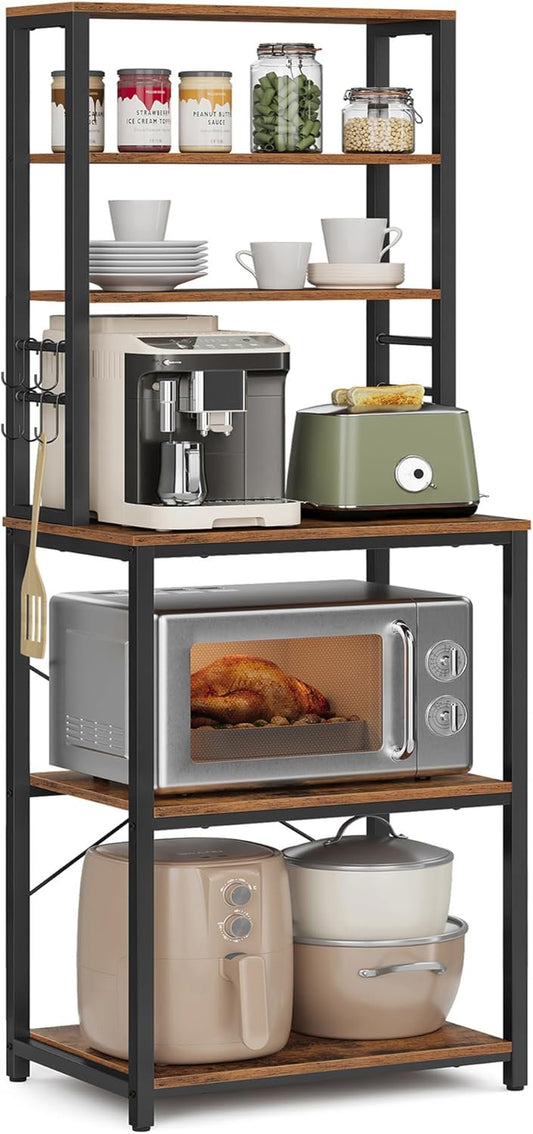 Coffee Bar, Baker’S Rack for Kitchen with Storage, 6-Tier Kitchen Shelves with 6 Hooks, Microwave Stand, Industrial, 15.7 X 23.6 X 65.7 Inches, Rustic Brown and Black UKKS024B01
