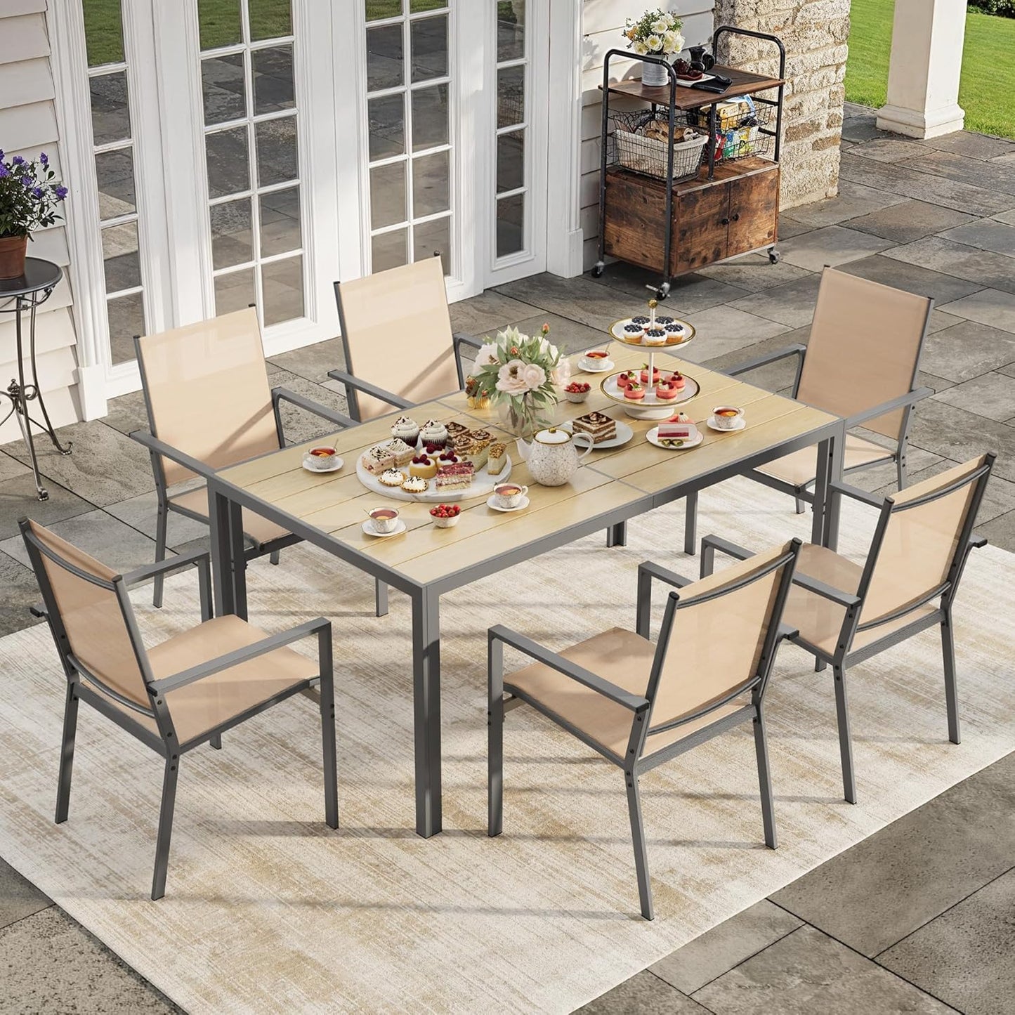 Patio Table and Chairs Set for 6, Outdoor Dining Set Includes 59.5" Rectangle Patio Table with Side Umbrella Hole and 6 Textilene Fabric Patio Chairs for Backyard, Courtyard, Poolside, Brown