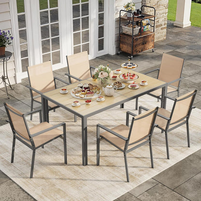 Patio Table and Chairs Set for 6, Outdoor Dining Set Includes 59.5" Rectangle Patio Table with Side Umbrella Hole and 6 Textilene Fabric Patio Chairs for Backyard, Courtyard, Poolside, Brown