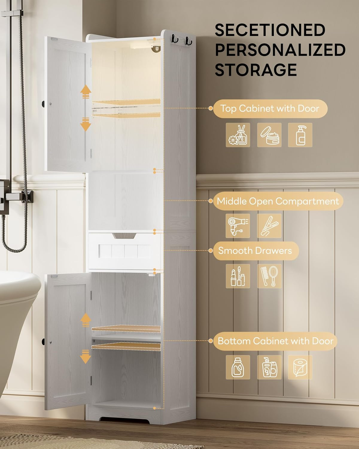 68" Tall Bathroom Storage Cabinet with Lights, Narrow Bathroom Storage Cabinet with Adjustable Shelves & 2 Hooks, Slim Freestanding Cabinet for Small Space, Kitchen, Living Room, White