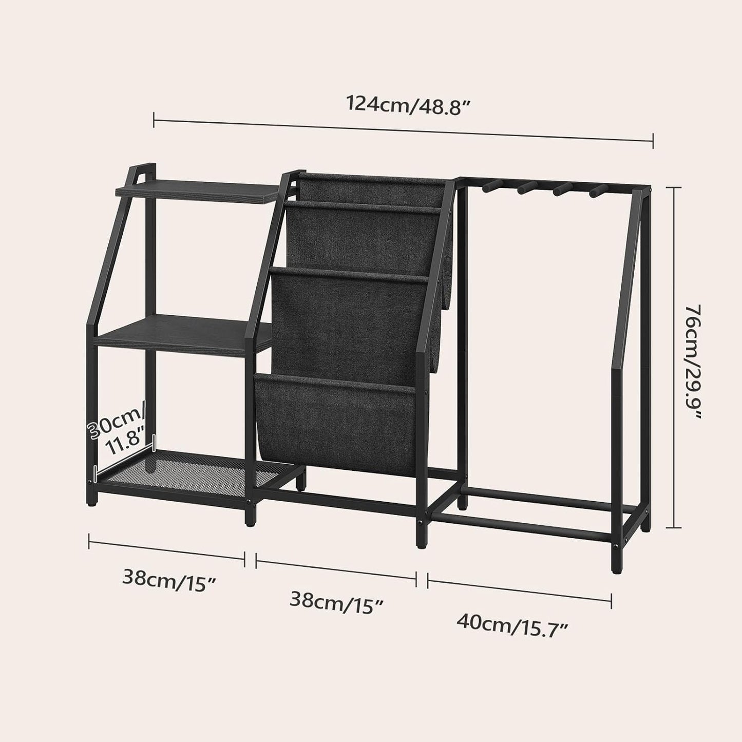 Guitar Stand, Record Player Stand with Storage, for 5 Acoustic Guitar, Bass, Electric Guitar, Ukulele, Banjo, Turntable, Vinyl Records and Amp Accessories, for Music Studios, Black