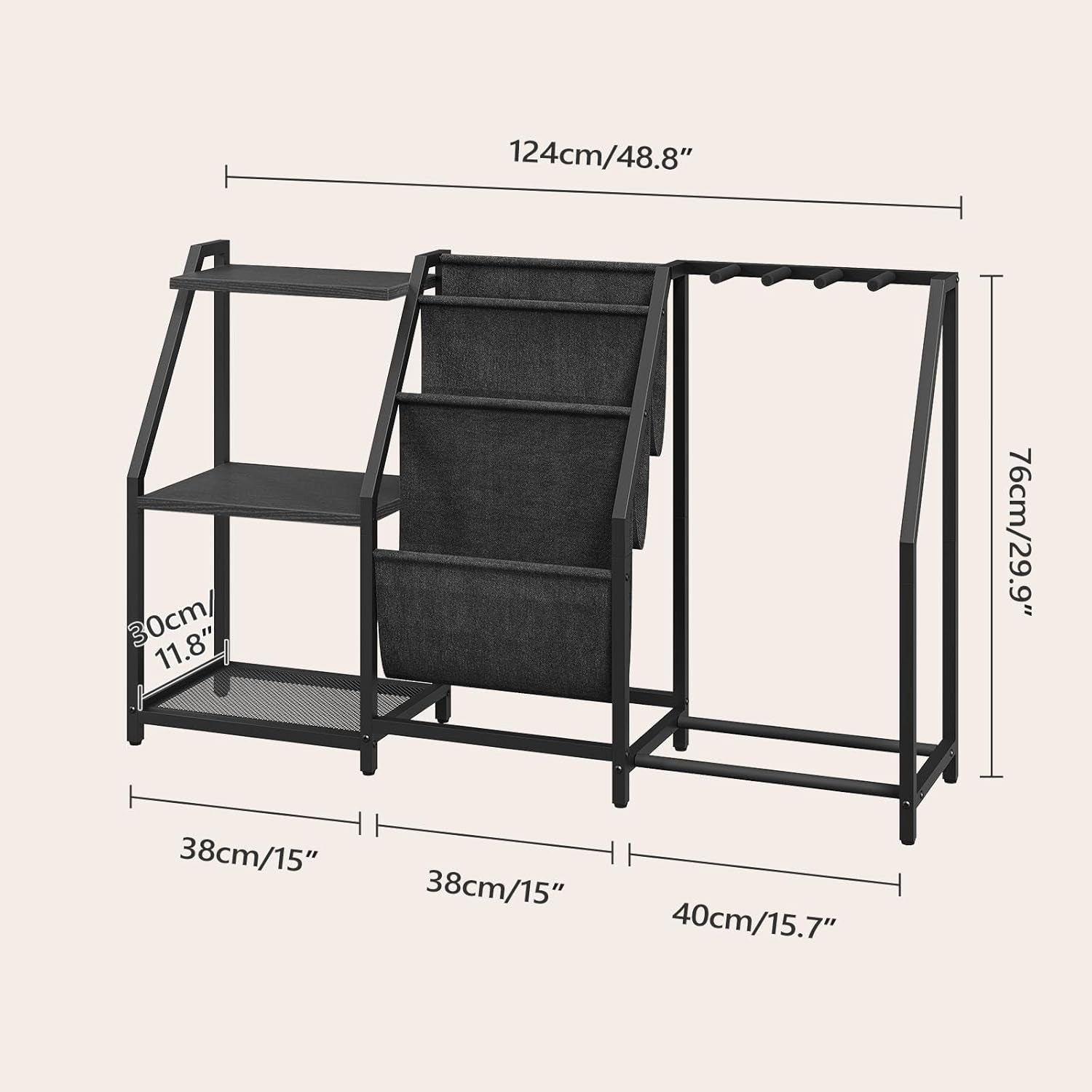 Guitar Stand, Record Player Stand with Storage, for 5 Acoustic Guitar, Bass, Electric Guitar, Ukulele, Banjo, Turntable, Vinyl Records and Amp Accessories, for Music Studios, Black