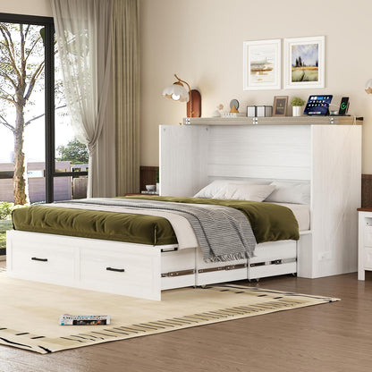 Modern Farmhouse Solid Wood Murphy Cabinet Bed with Charging Station, Foldable Wall Platform Bed with Storage Drawer/No Box Spring Needed/Easy Assemble/Queen, White