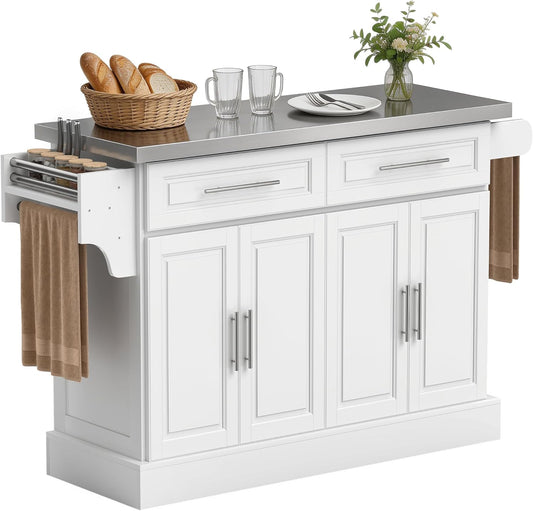Rolling Kitchen Island Cart with 47" Stainless Steel Top, Portable Island Table for Kitchen with Wheels, Adjustable Shelves, 2 Drawers, Spice, Knife and Towel Rack, White