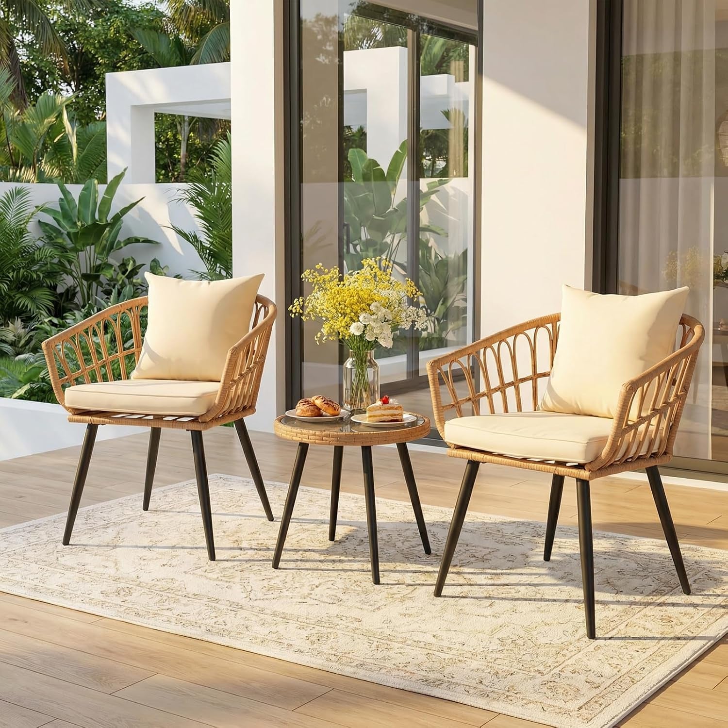 3-Piece Patio Dining Set, Featuring a round PE Rattan Table and 2 Chairs, Suitable for Bedrooms, Porches and Gardens All-Weather Furniture Set Includes Tempered Glass, Thick Cushions