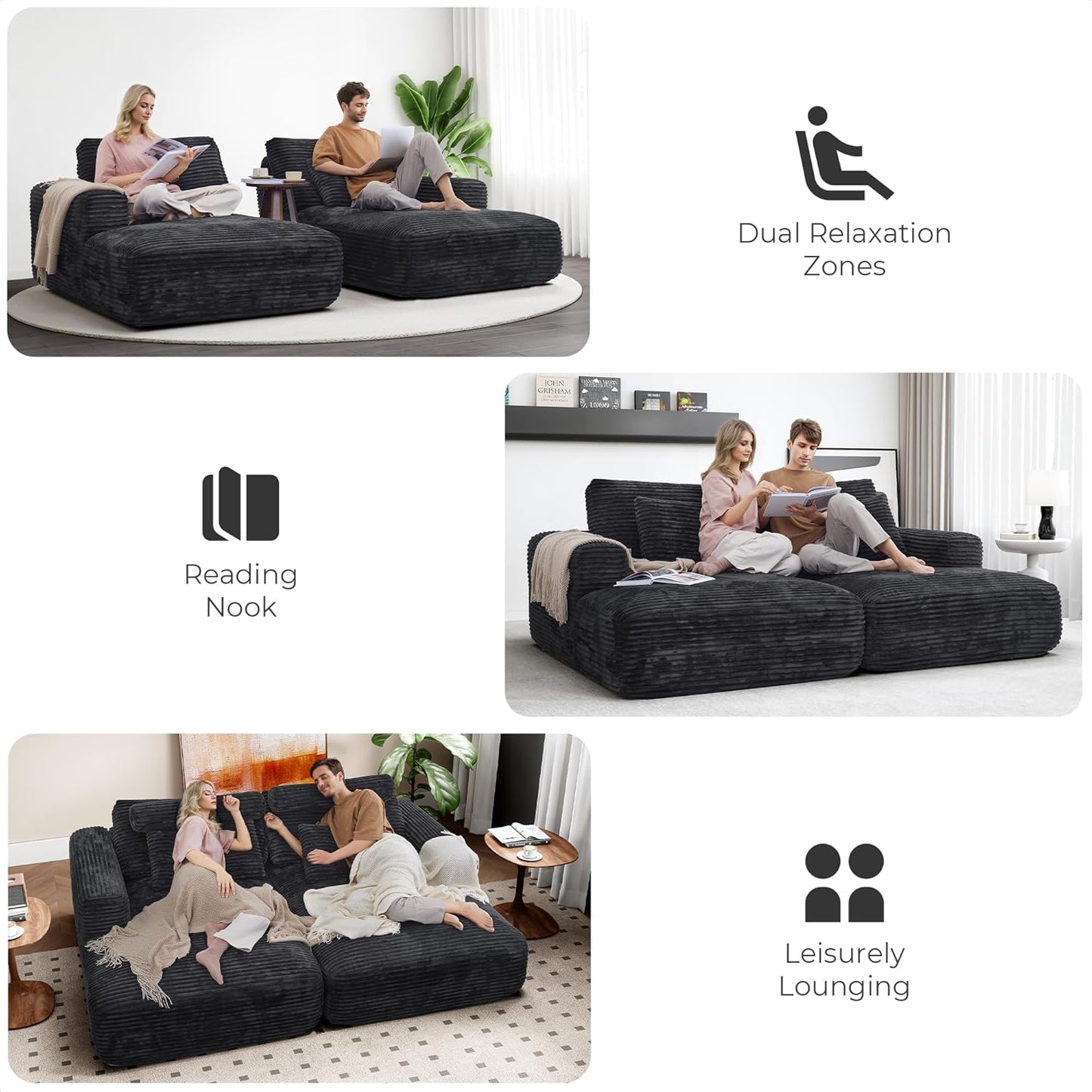 93" Double Chaise Lounge Sofa Bed - Plush Corduroy, No Assembly, Deep Seat Cloud Couch for Living Room, Home Theater (Black)