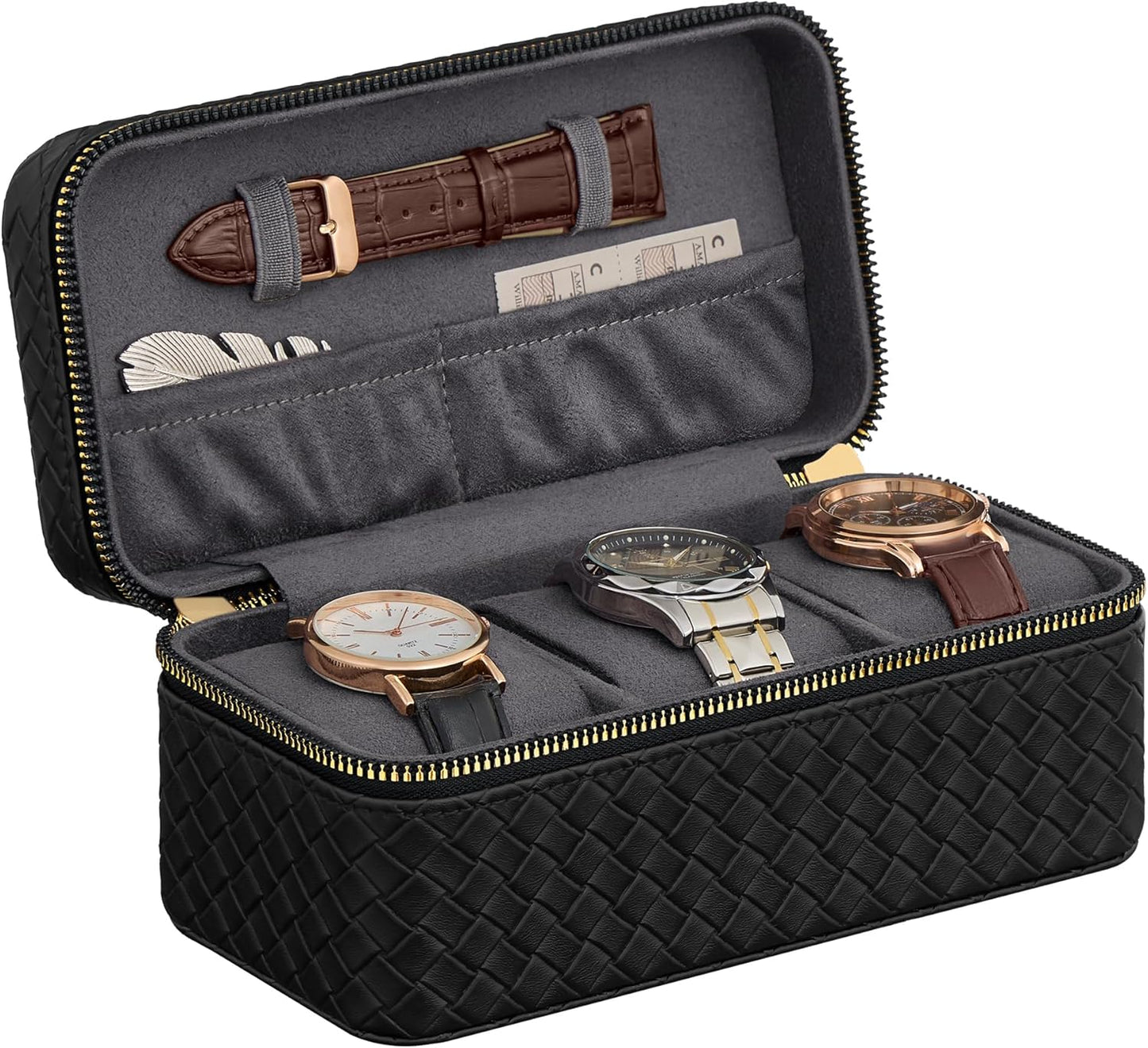 HOME RONNE Collection - 3 Watch Travel Cases, Pack of 2, 3-Slot Watch Boxes, Woven Embossed PU Leather, 3.9 X 7.9 X 3.5 Inches, Gift Idea, Ink Black Surface, Ink Black Lining UJWB017B01-2J