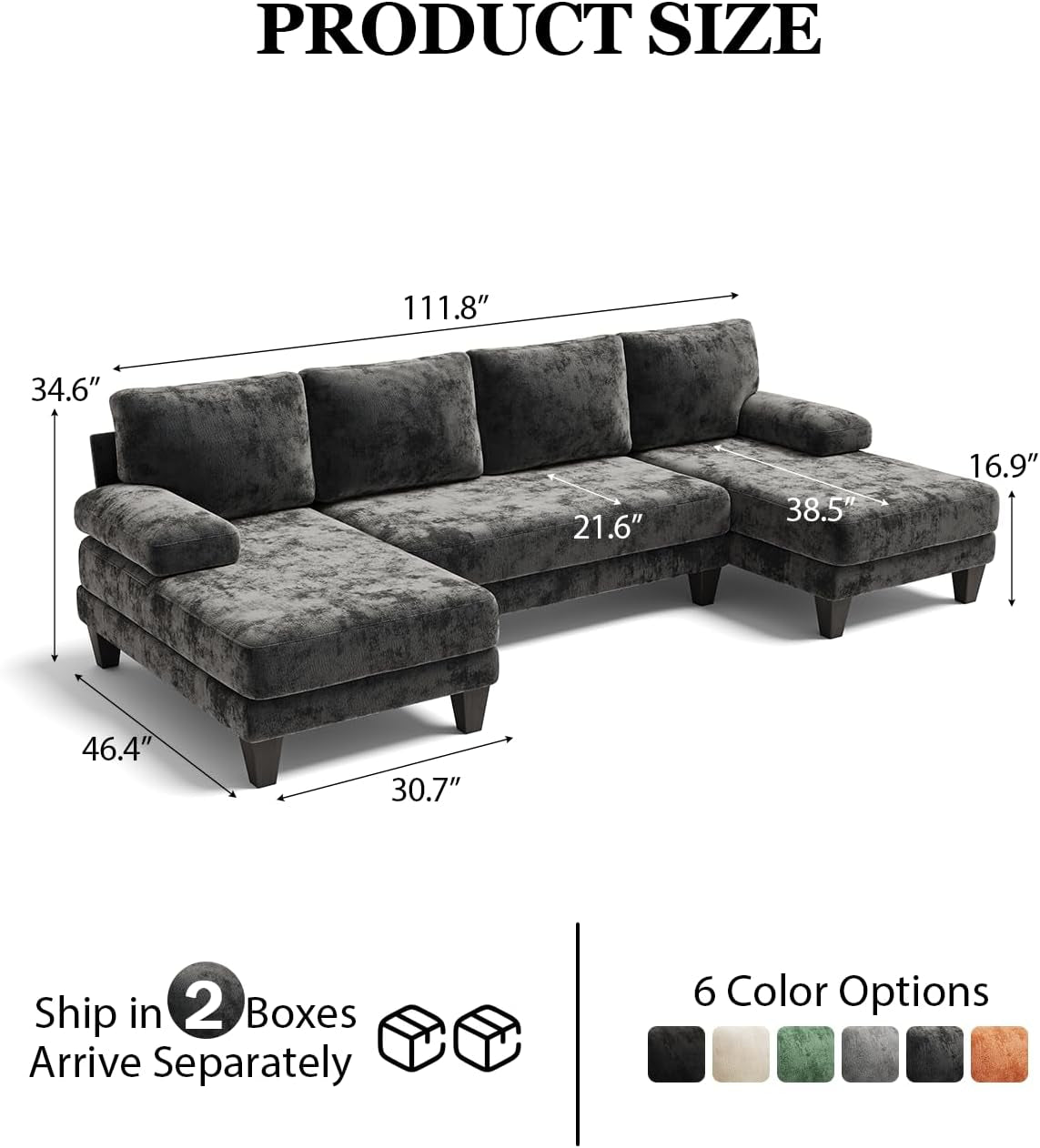 U-Shaped Sectional Couches for Living Room | Chenille Sofa with Double Chaise | 112 Inch Dark Grey Sectionals Couch for Apartment