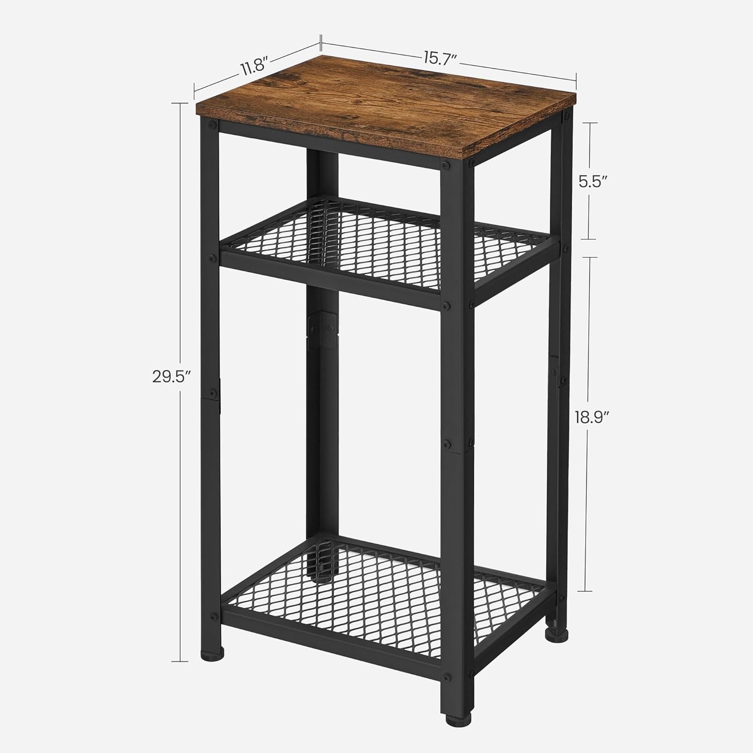 3-Tier Tall Side Table, Small Telephone End Table Stand with 2 Mesh Storage Shelves for Office, Bedroom, Living Room, Kitchen Cart, Rustic Brown and Black