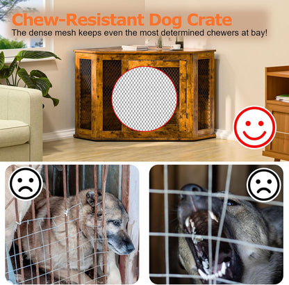 Corner Dog Crate Furniture, 52" Wooden Dog Kennel Furniture End Table with Mesh, Dog Kennel Indoor Furniture for Small Medium Large Dogs, Modern Decorative Wood Pet House Dog Cage Crate, White