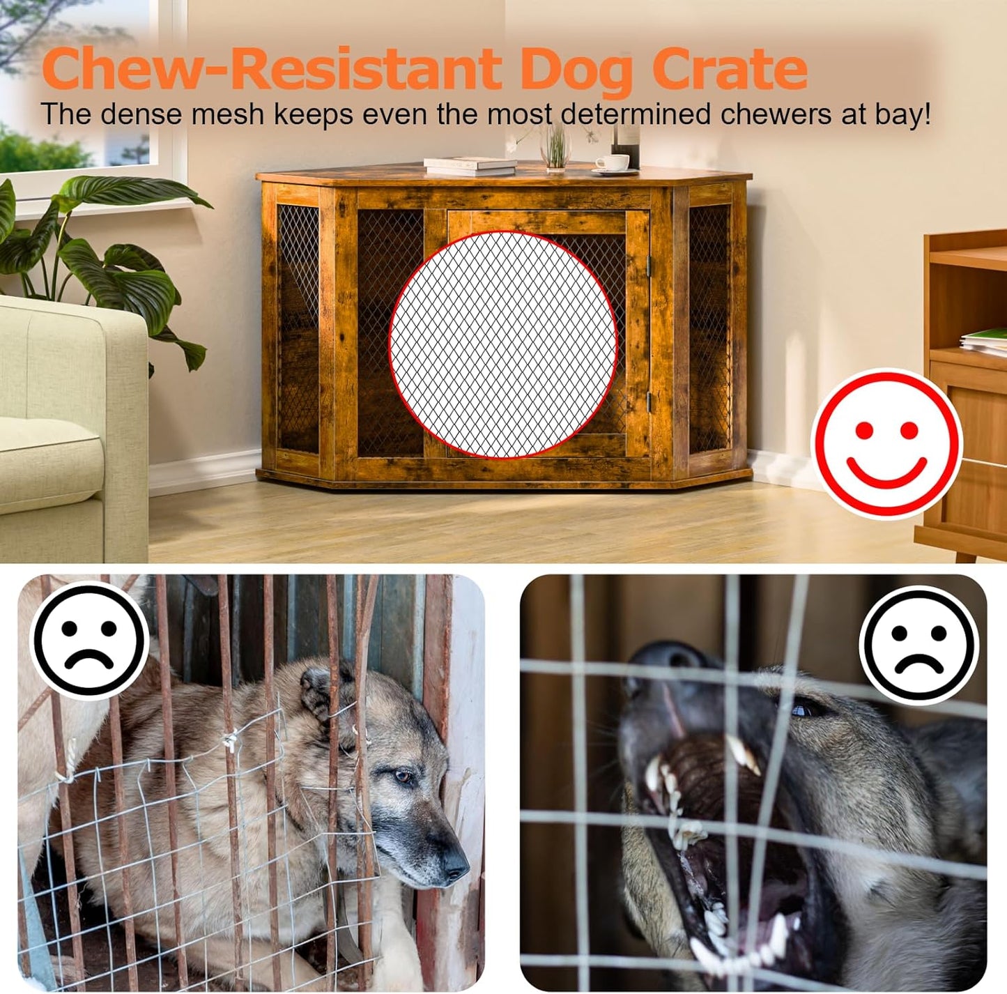 Coner Dog Crate Furniture, 52" Wooden Dog Kennel Furniture End Table with Mesh, Dog Kennel Indoor Furniture for Small Medium Large Dogs, Modern Decorative Wood Pet House Dog Cage Crate, Grey