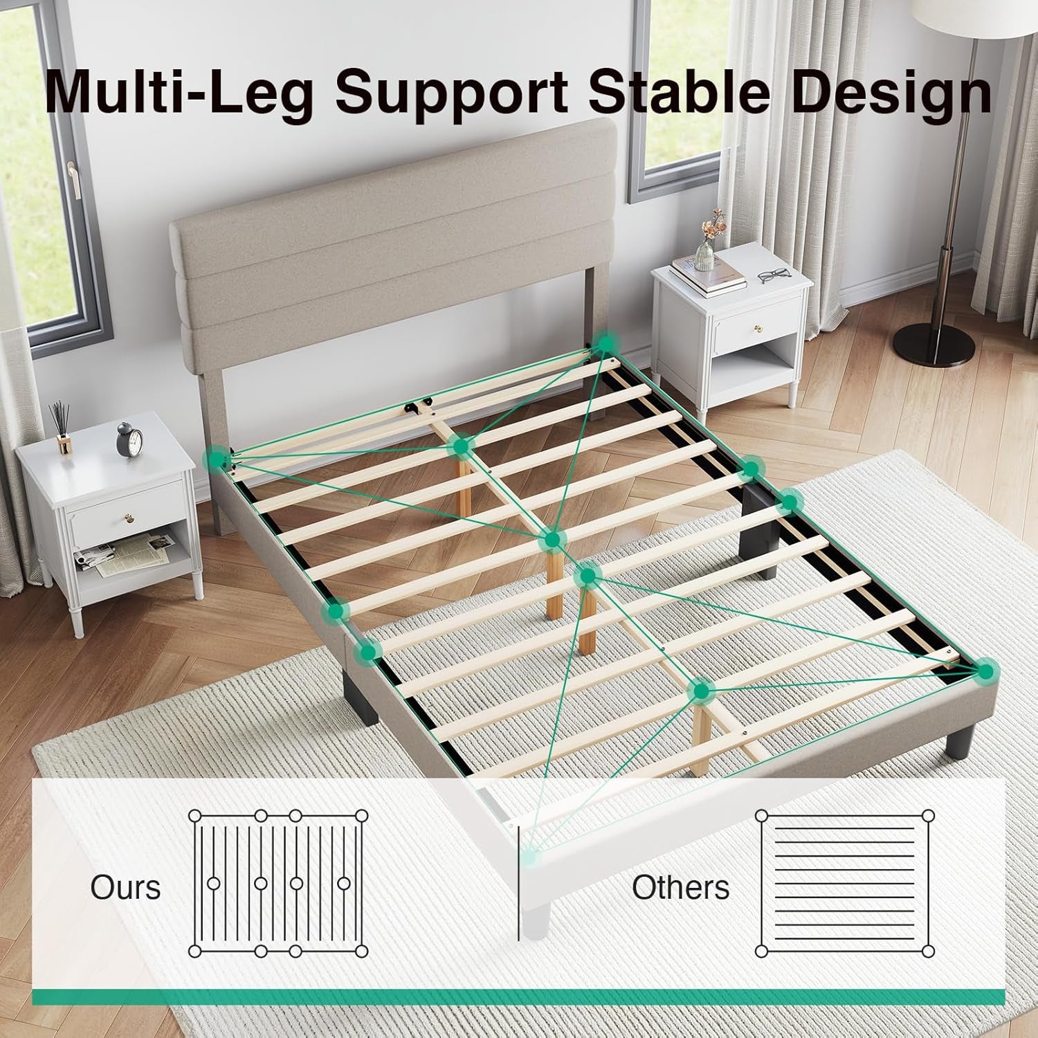 Full Size Bed Frame with Headboard, Full Bed Frame with Wooden Slats Support, Linen Upholstered Stripe Headboard, No Box Spring Needed, Heavy Duty Feet, Easy Assembly, Beige