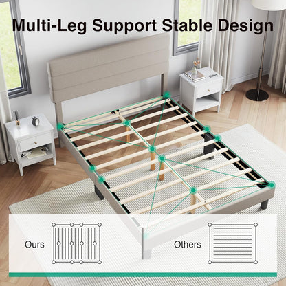 Full Size Bed Frame with Headboard, Full Bed Frame with Wooden Slats Support, Linen Upholstered Stripe Headboard, No Box Spring Needed, Heavy Duty Feet, Easy Assembly, Beige