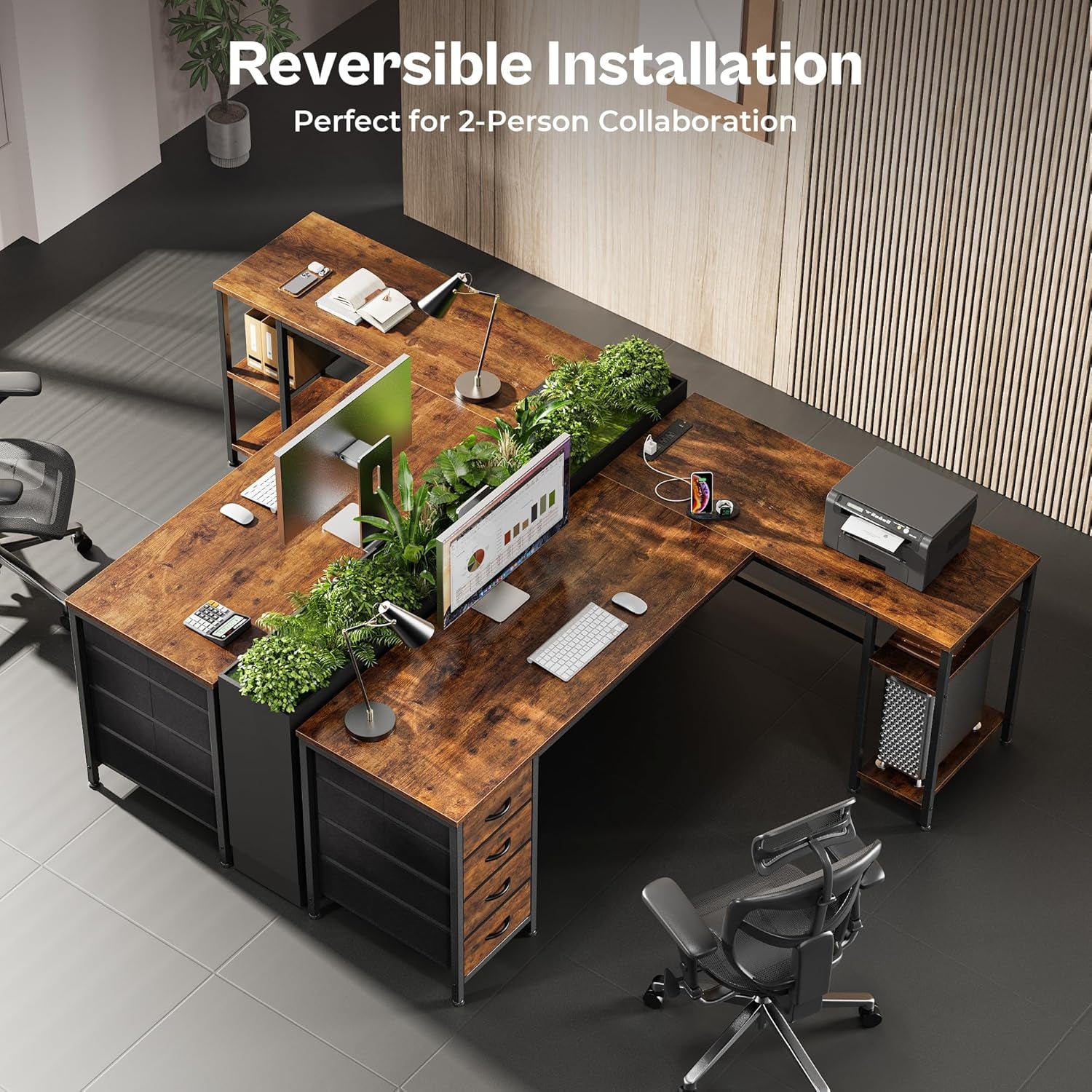 63 Inch L Shaped Desk with Fabric Drawers, Computer Office Desk with Power Outlets and USB-C Port, Corner Desk with Storage Shelves, for Gaming Work Study Home Office, Reversible, Rustic Brown