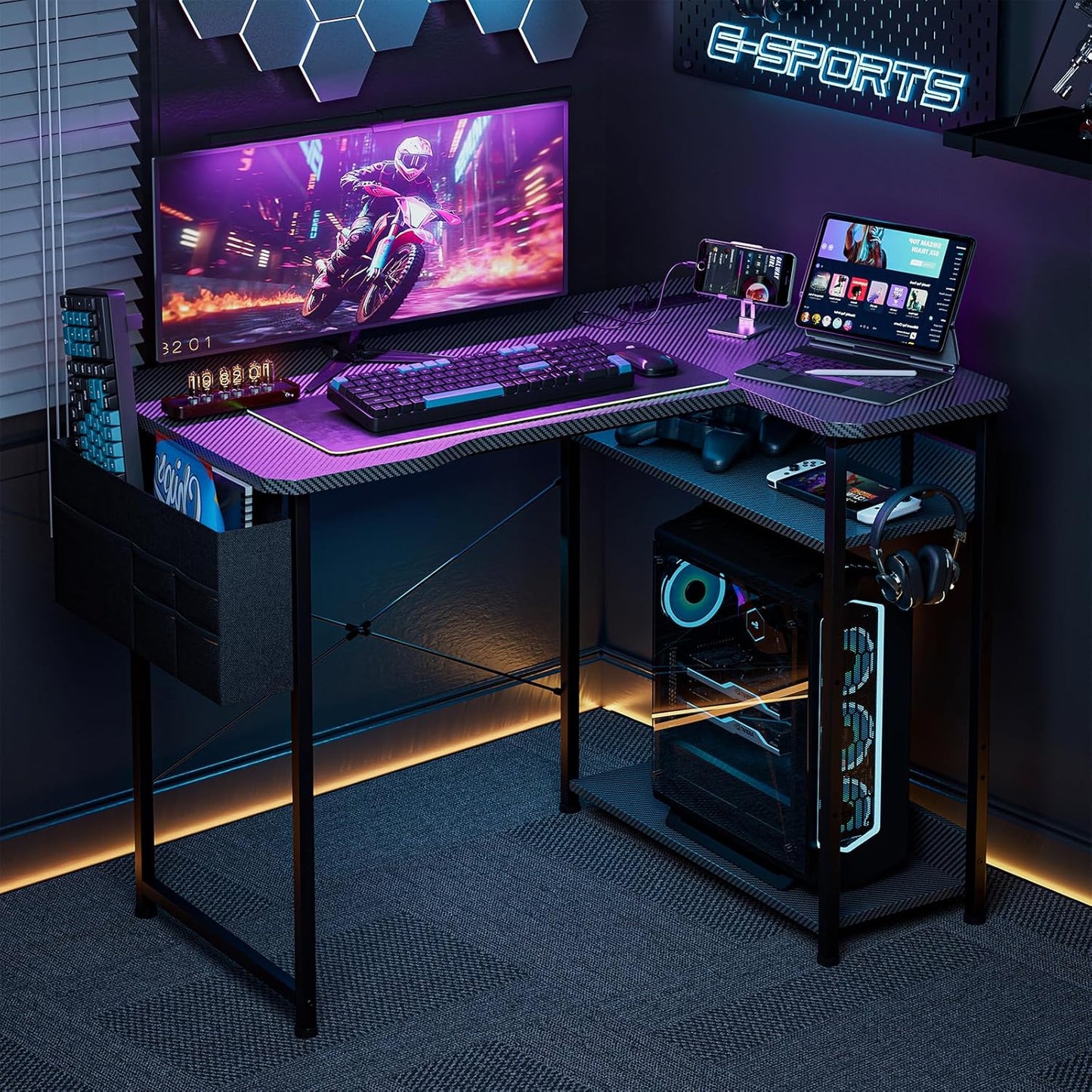Small Gaming Desk with Power Outlets, 40 Inch L Shaped Desks with Reversible Shelves and Storage Bag,Computer Desk Corner Desk PC Desk for Gaming and Home Office Table,Black Carbon