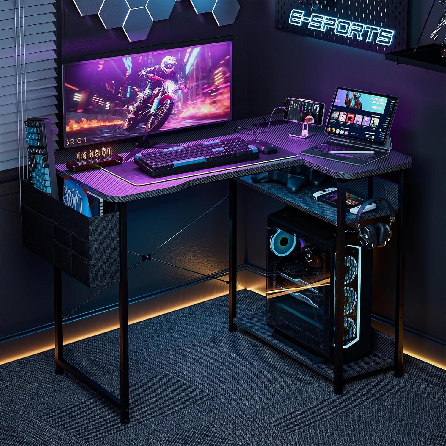 Small Gaming Desk with Power Outlets, 40 Inch L Shaped Desks with Reversible Shelves and Storage Bag,Computer Desk Corner Desk PC Desk for Gaming and Home Office Table,Black Carbon