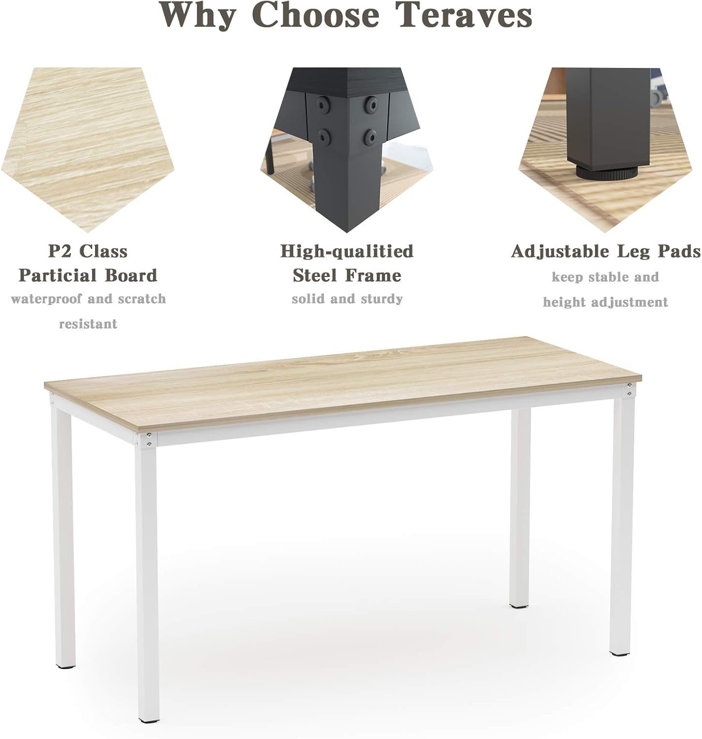 Computer Desk/Dining Table Office Desk Sturdy Writing Workstation for Home Office (47.24”, Beige + White Frame)