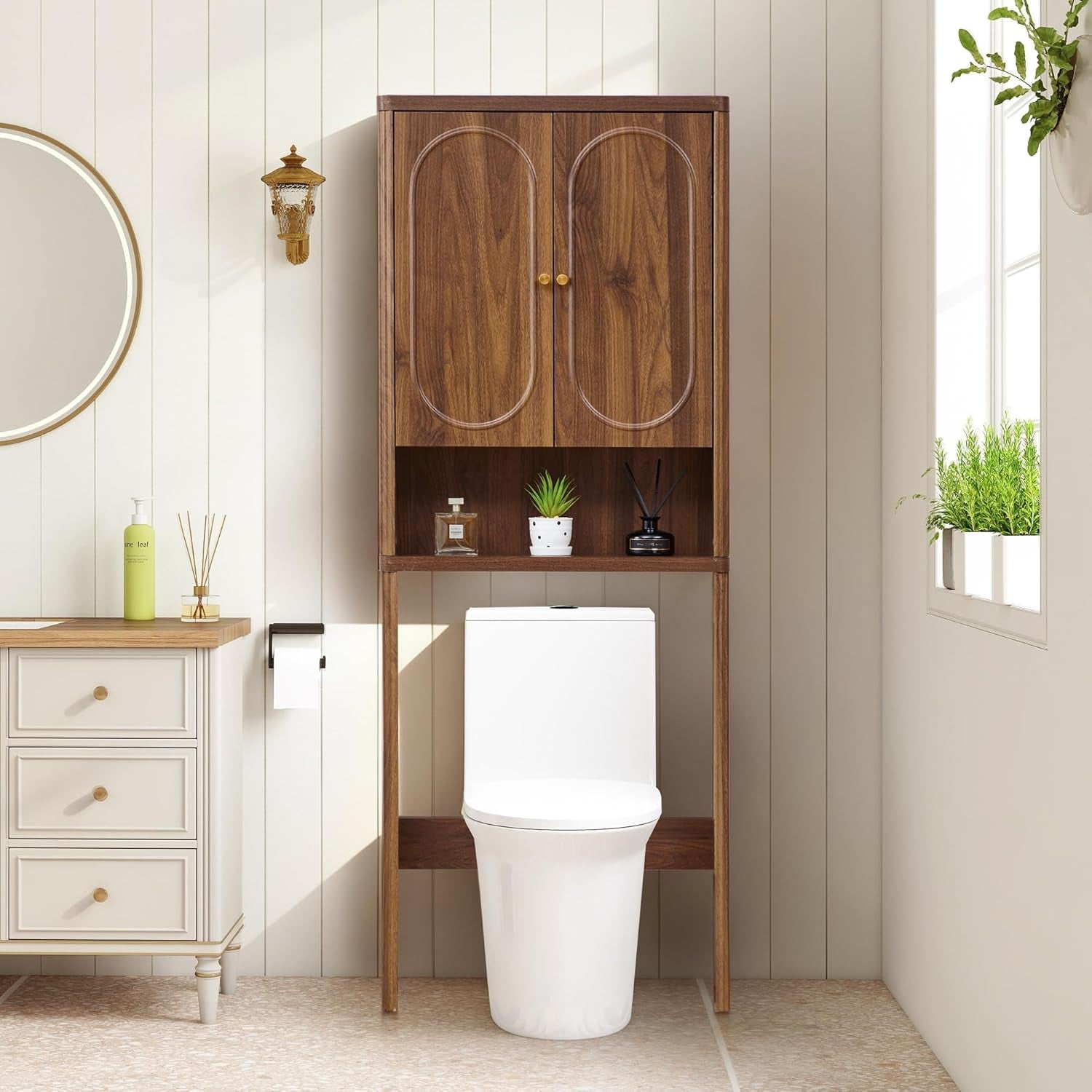 Fluted over the Toilet Storage Cabinet, Bathroom Toilet Storage Cabinet with Door, Wood Curved over the Toilet Space Saver Cabinets for Restroom Bathroom, Walnut