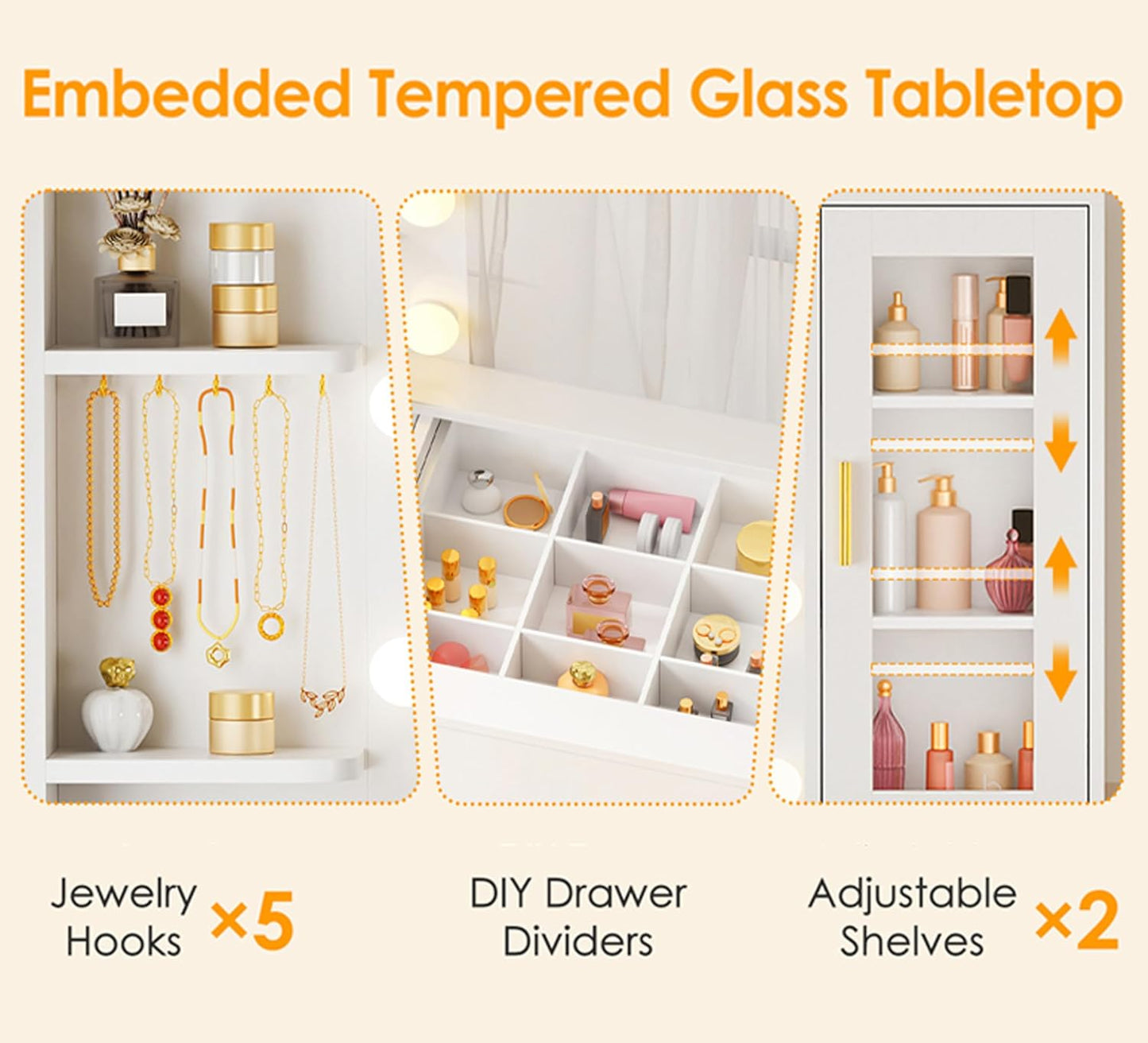 49.2" Large Vanity Desk with Mirror and Lights White Makeup Vanity Desk with Glass Top and Power Outlet 8 Drawers Nightstand 5 Hooks Vanity Table with Stool for Bedroom Women Girls UBDT88W