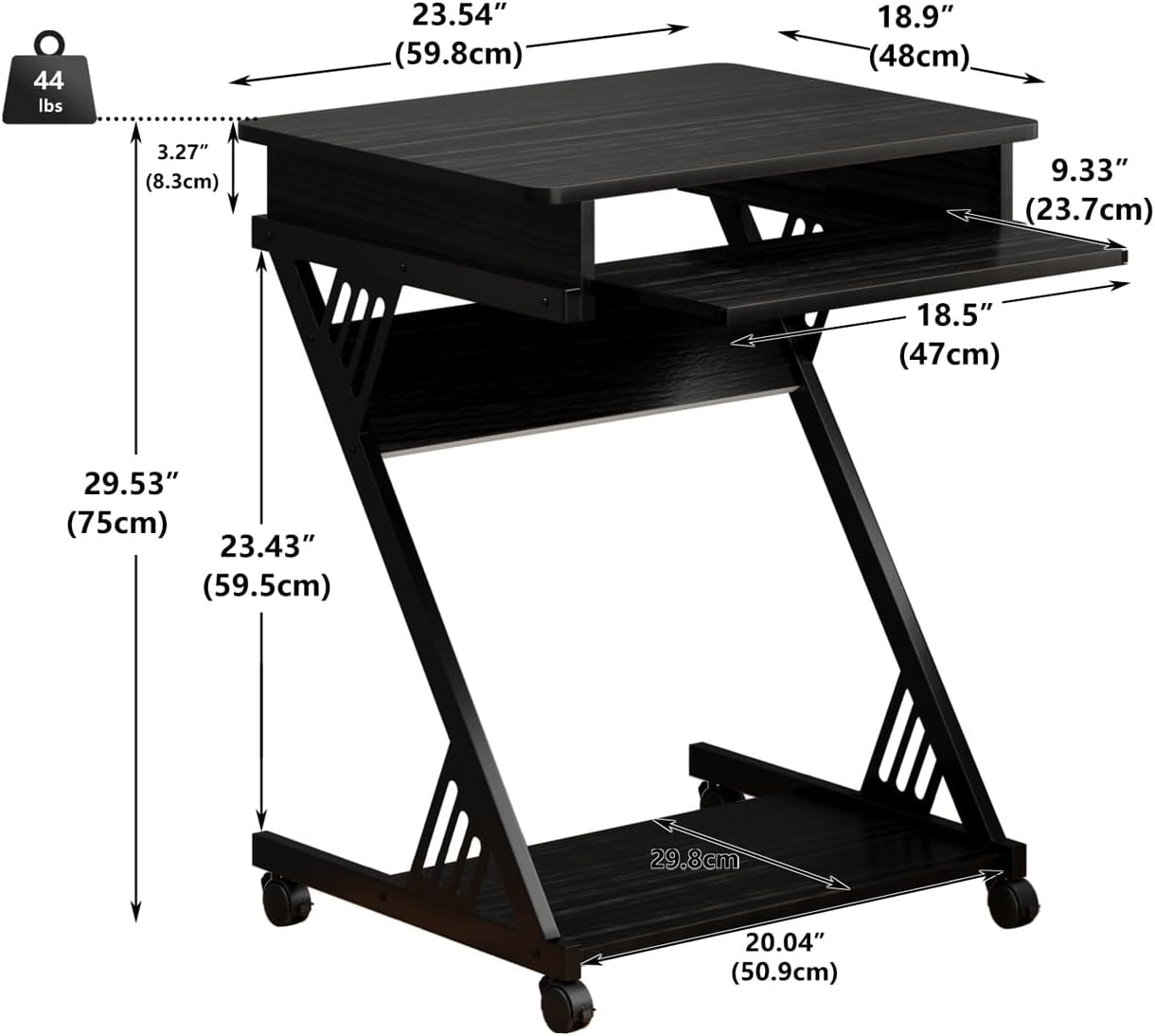 Computer Desk for Small Spaces,23.6" Z-Shaped Compact Study Table with Smooth Keyboard Tray,With Wheels and Bottom Shelves for Home Office，Computer Cart Mobile Laptop Cart