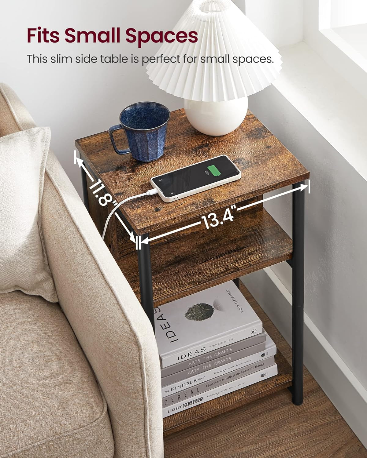 Side Table with Charging Station, 3-Tier End Table with USB Ports and Outlets, Nightstand for Living Room, Bedroom, 11.8 X 13.4 X 22.8 Inches, Plug-In Series, Camel Brown and Black