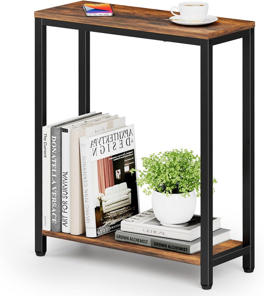 8.6” Narrow Small Side Table for Small Spaces, 2 Tier Skinny Couch End Tables Living Room, Slim Nightstand for Bedroom Bedside, Brown