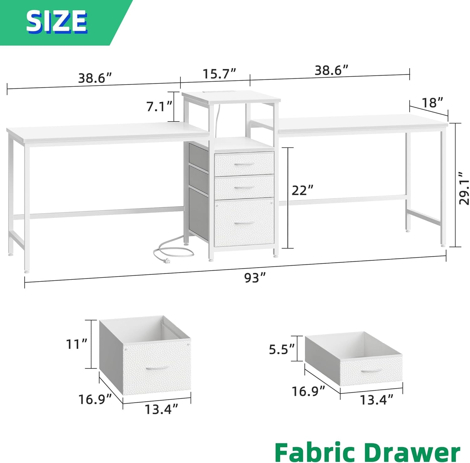 93'' Two Person Desk with Charging Station, Long Desk with 3 Drawers and Printer Shelf, Double Computer Desk, 2 Person Writing Study Table Workstation for Home Office, White